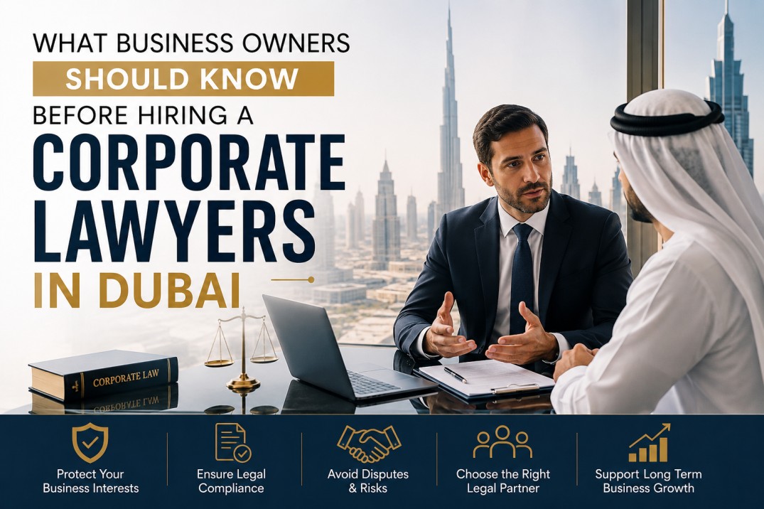 orporate lawyer in Dubai discussing business legal strategy with company executives