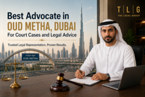 Professional advocate in Oud Metha Dubai providing expert legal advice and court representation services with Dubai skyline background.