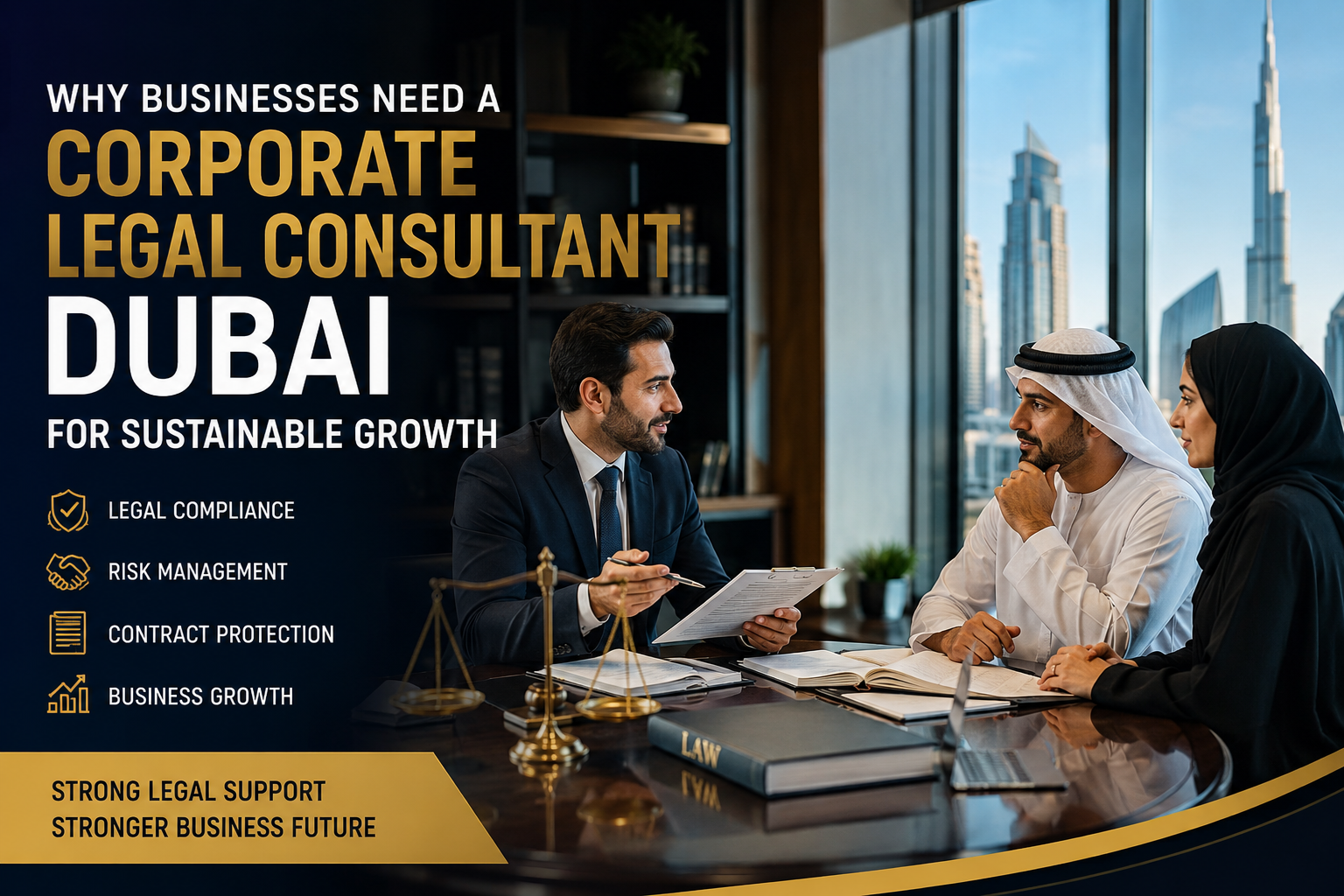 Corporate legal consultant Dubai discussing business compliance and legal strategy with company executives
