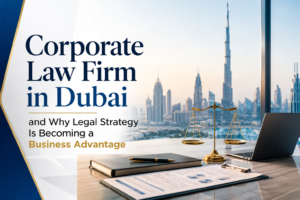 Corporate law firm in Dubai office with legal documents, scales of justice, and Dubai skyline representing strategic business legal services.