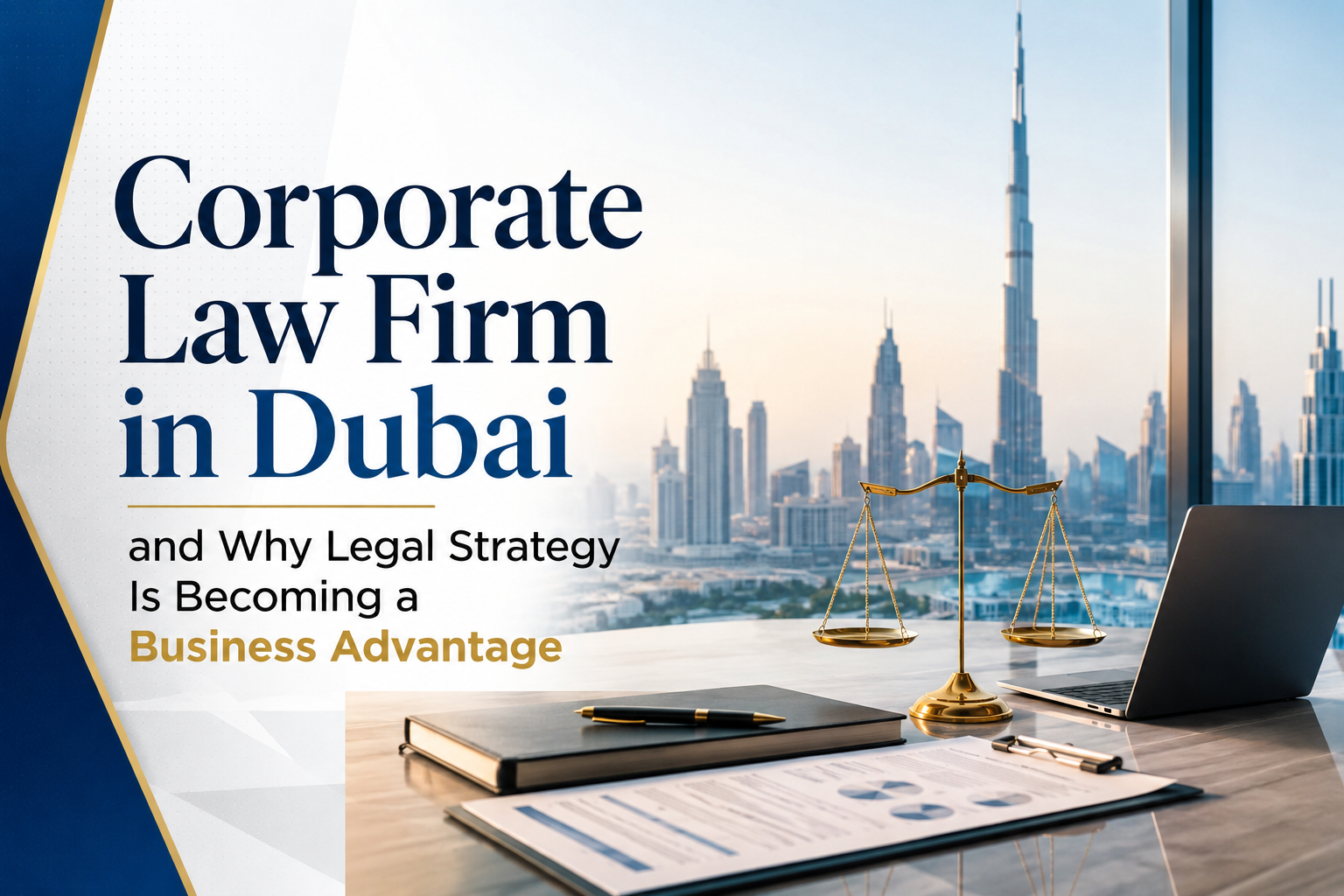 Corporate law firm in Dubai office with legal documents, scales of justice, and Dubai skyline representing strategic business legal services.