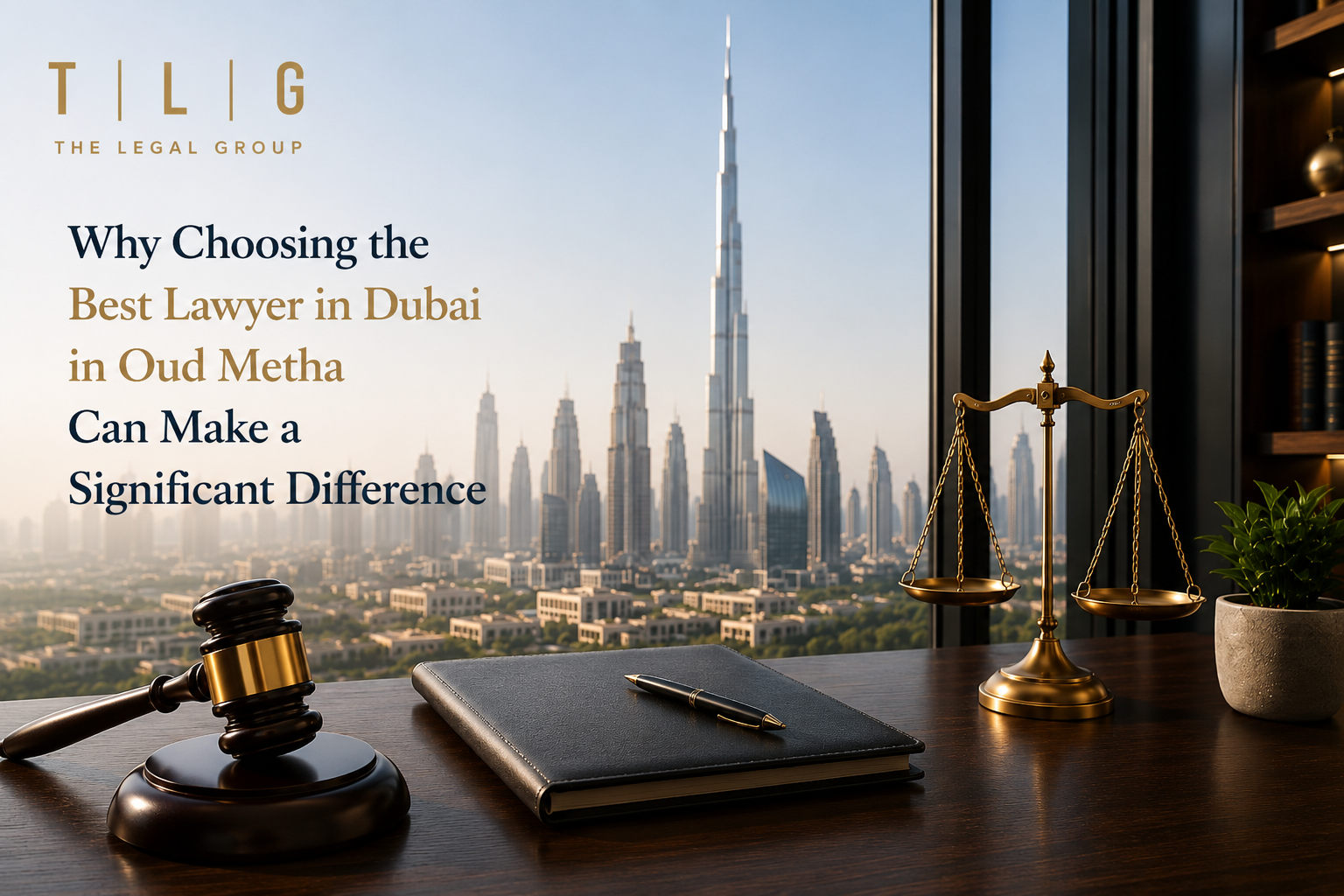 Professional law office with legal desk, scales of justice, Dubai skyline, and TLG logo representing the best lawyer in Dubai in Oud Metha.