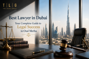 Professional legal consultation in Dubai featuring justice scales and the Dubai skyline, representing the best lawyer in Dubai providing complete legal success for clients in Oud Metha.