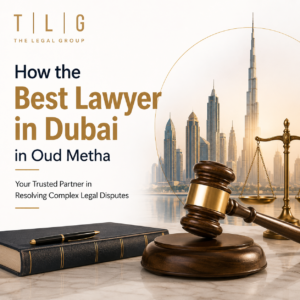 Professional legal consultation in Dubai featuring justice scales and the Dubai skyline, representing the best lawyer in Dubai in Oud Metha helping clients resolve complex legal disputes.