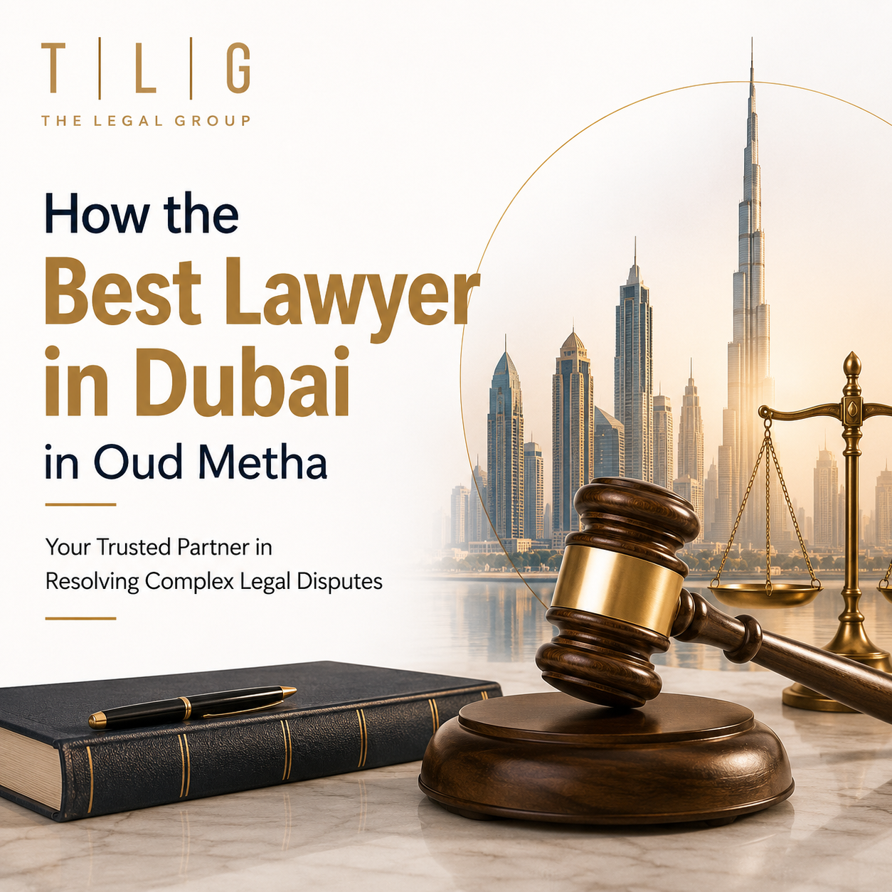 Professional legal consultation in Dubai featuring justice scales and the Dubai skyline, representing the best lawyer in Dubai in Oud Metha helping clients resolve complex legal disputes.