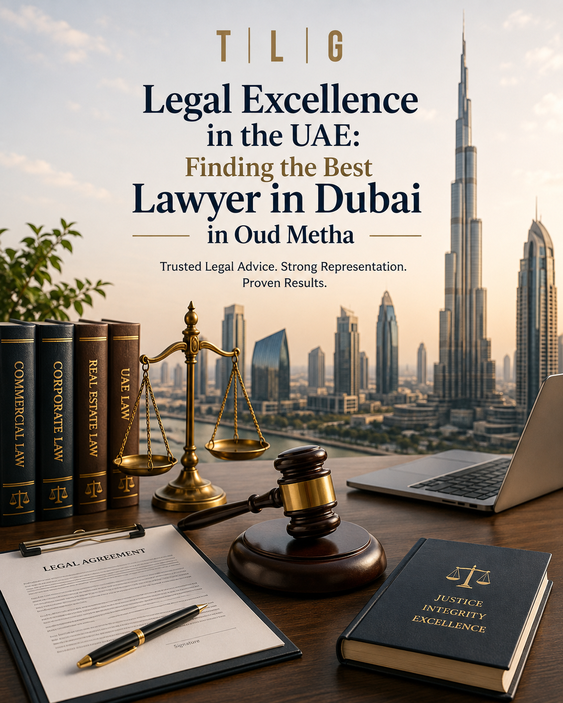 Professional legal office with Dubai skyline, scales of justice, gavel, legal documents, and the TLG logo representing the Best Lawyer in Dubai in Oud Metha providing comprehensive legal services across the UAE.
