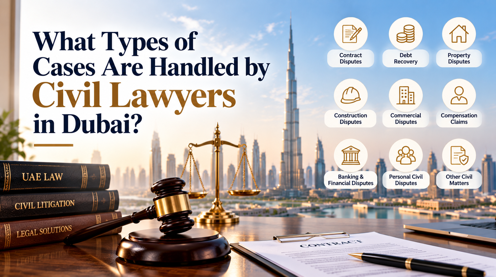 Civil lawyers in Dubai handling contract disputes, debt recovery, property disputes, construction claims and commercial litigation.