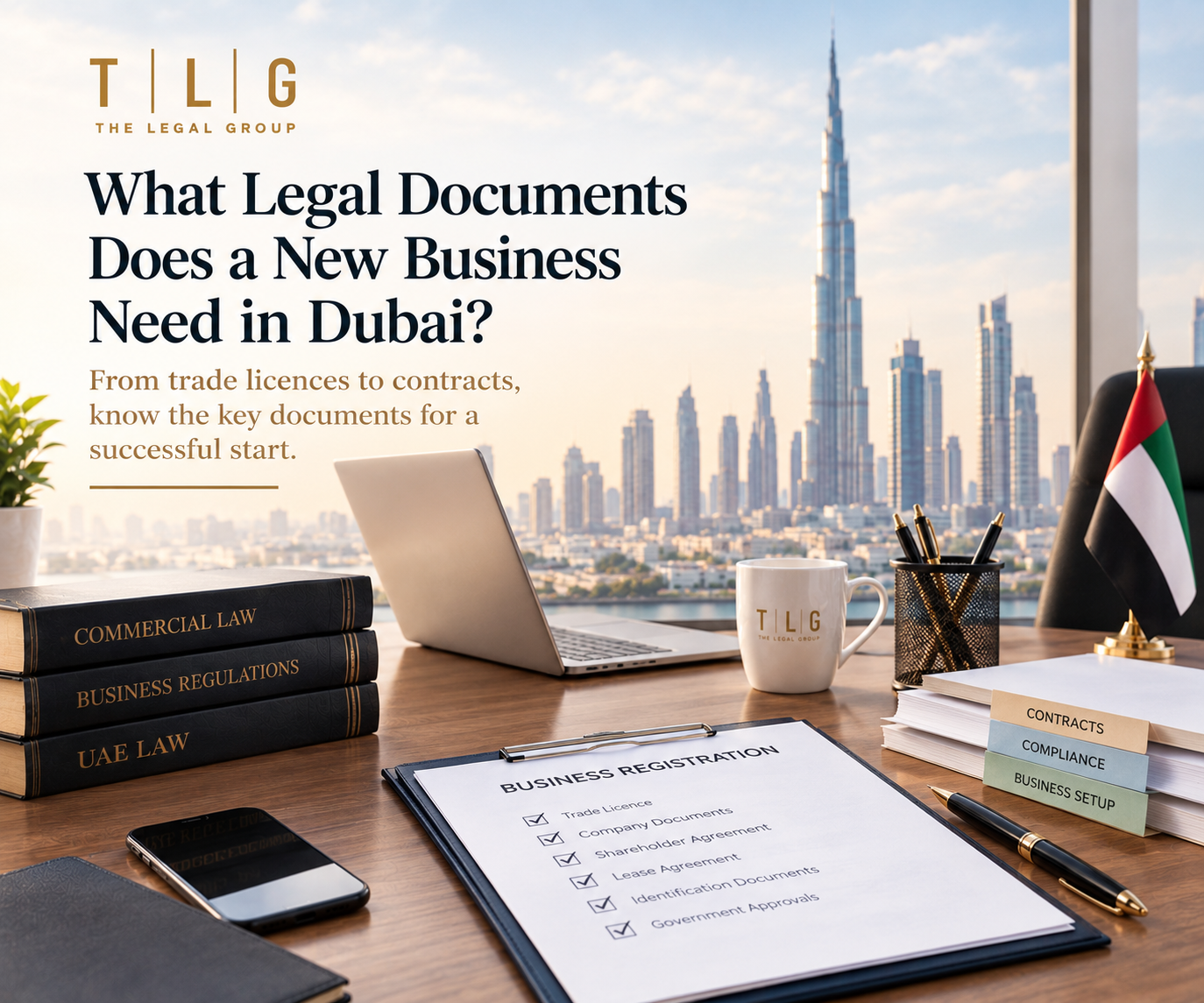 TLG legal banner explaining the legal documents required for a new business in Dubai, featuring a business registration checklist, legal books, contracts, and the Dubai skyline.