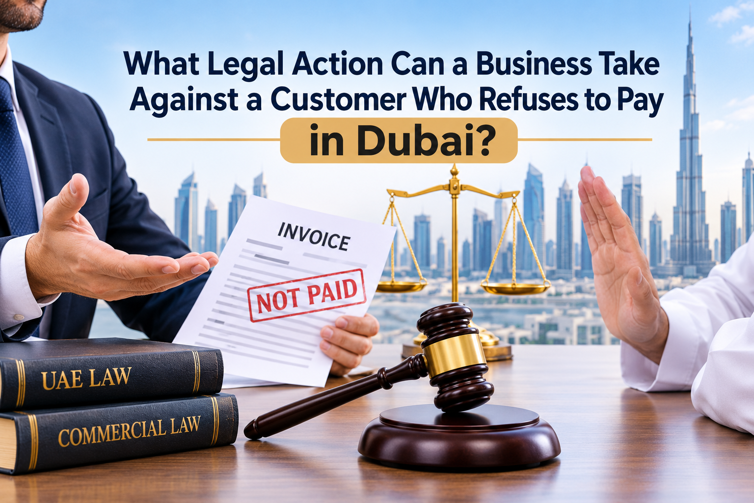 Business payment dispute in Dubai showing an unpaid invoice, legal documents, justice scales and a judge's gavel.