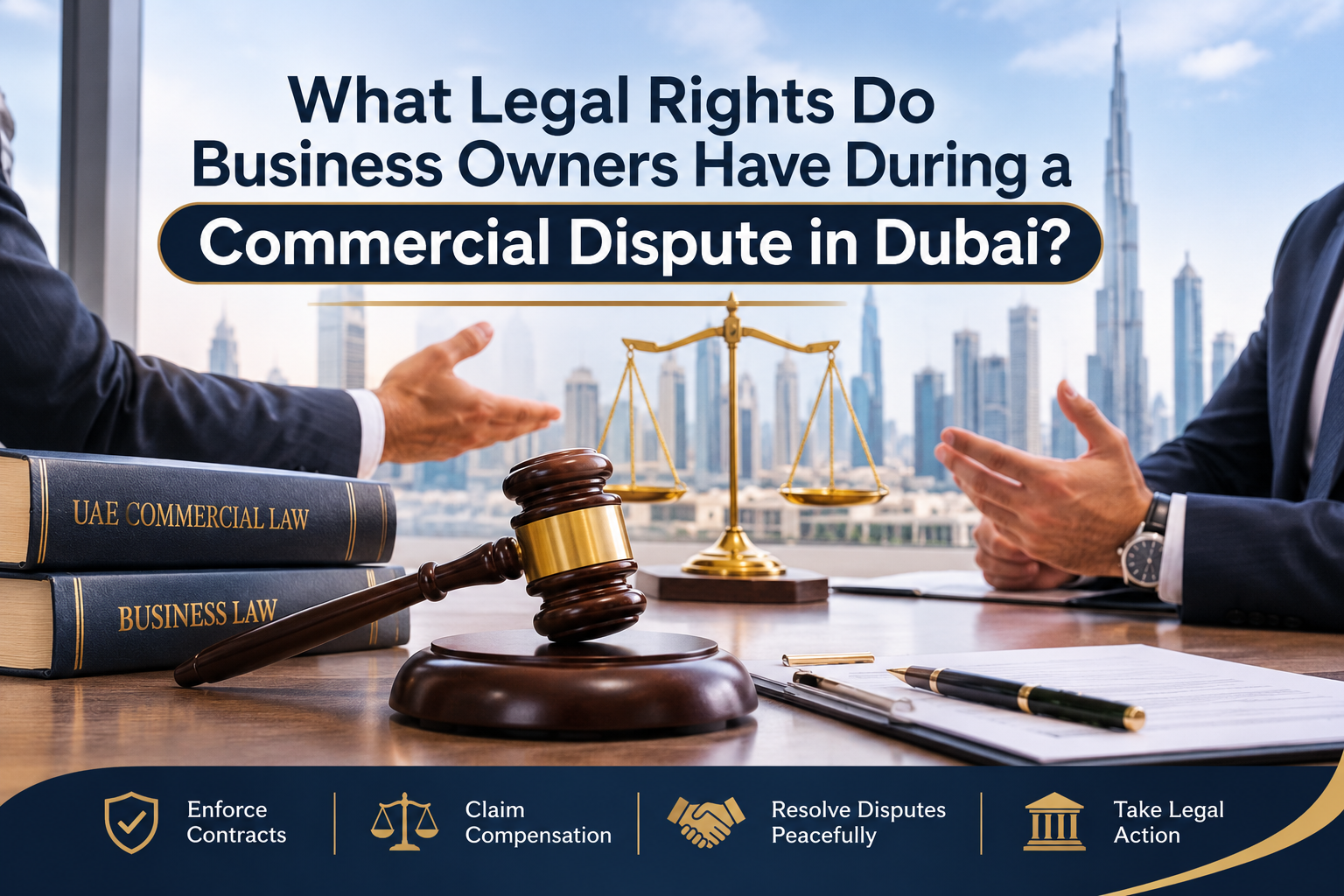 Business owners discussing commercial disputes with legal documents, justice scales and a gavel in Dubai.