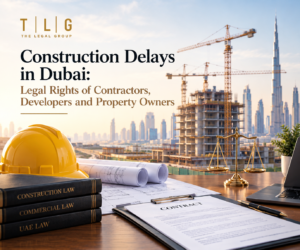 TLG construction law blog image showing Dubai construction sites, cranes, legal documents and the title Construction Delays in Dubai: Legal Rights of Contractors, Developers and Property Owners