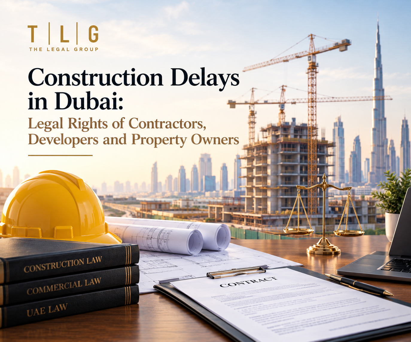 TLG construction law blog image showing Dubai construction sites, cranes, legal documents and the title Construction Delays in Dubai: Legal Rights of Contractors, Developers and Property Owners
