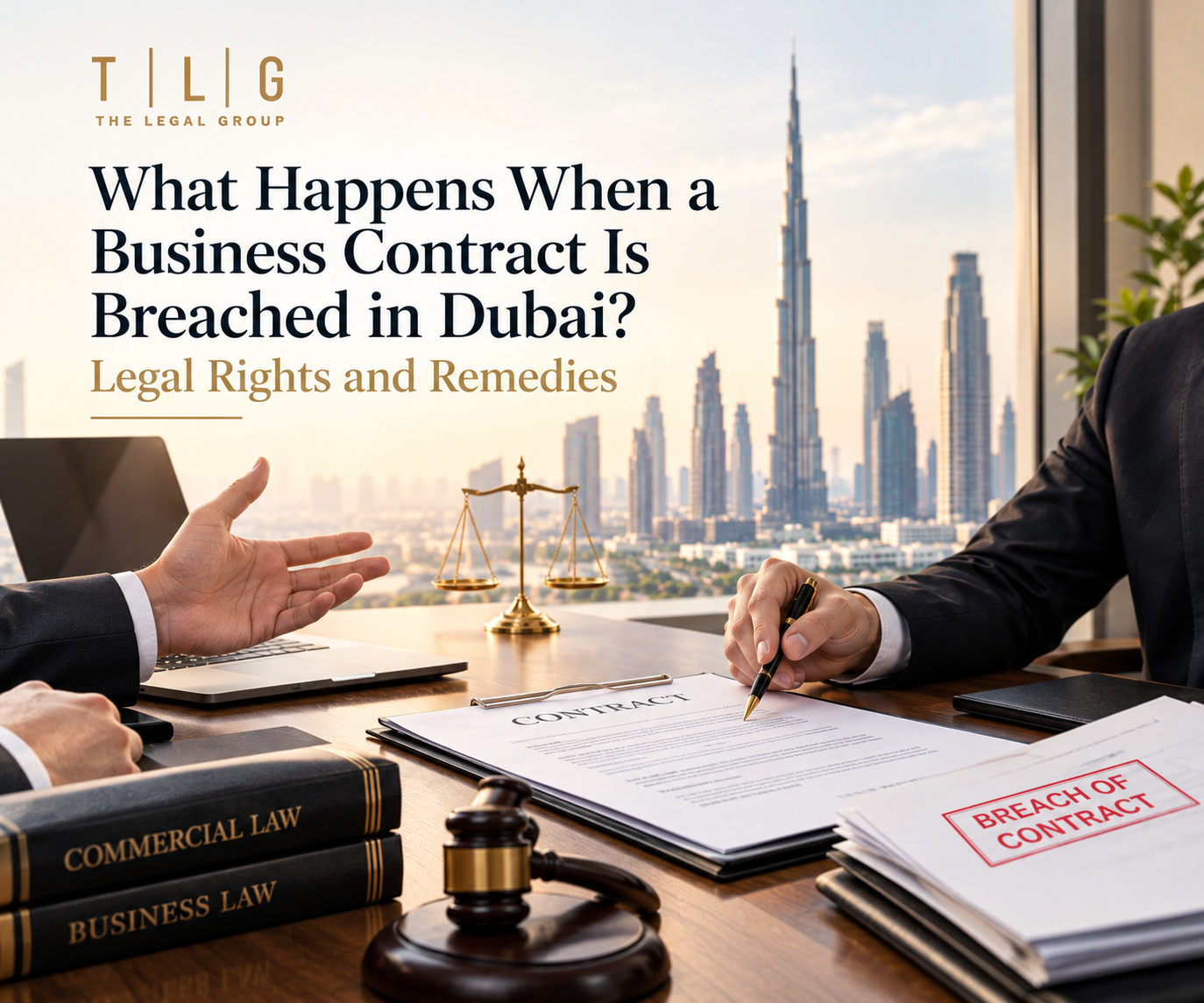 Business contract breach in Dubai featuring TLG branding, legal documents, a breach of contract file, and a professional law office with the Dubai skyline.