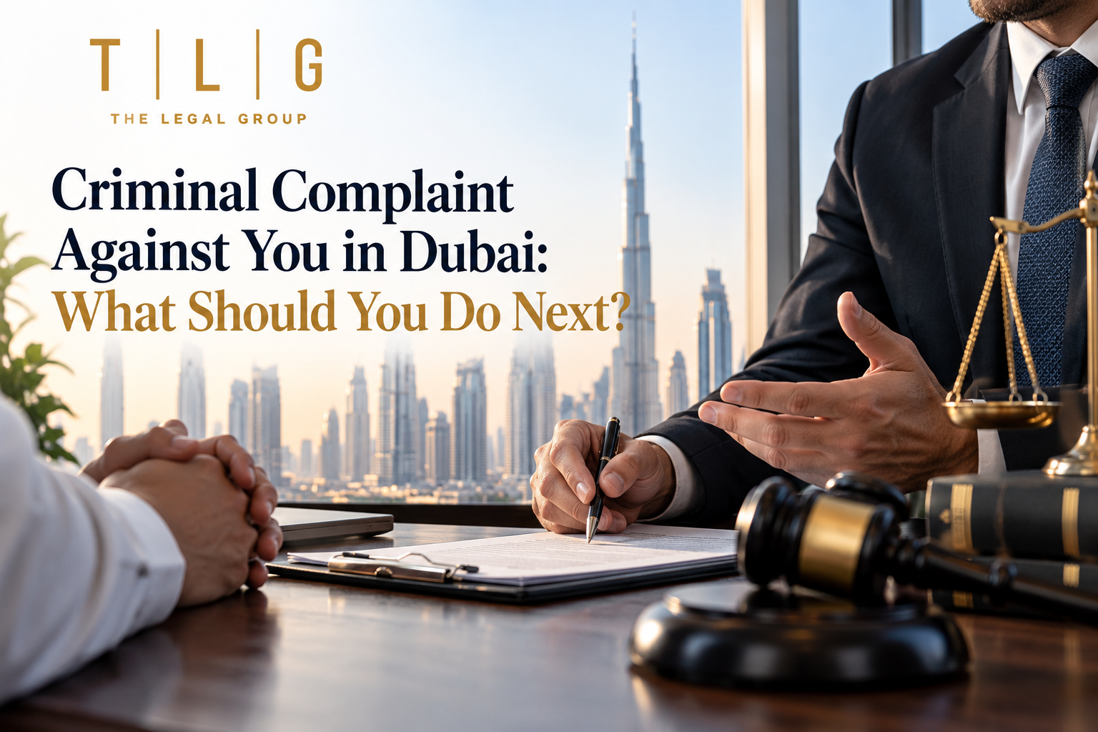 Criminal defence lawyer in Dubai advising a client about a criminal complaint.