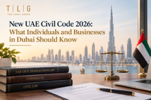 New UAE Civil Code 2026 featuring the Dubai skyline, UAE flag, legal books and scales of justice.