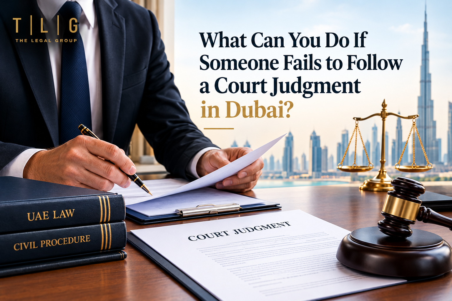 Court judgment enforcement in Dubai with legal documents and a lawyer
