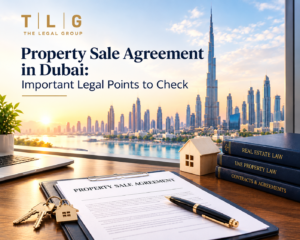 Property sale agreement in Dubai with legal documents, property keys and Dubai skyline