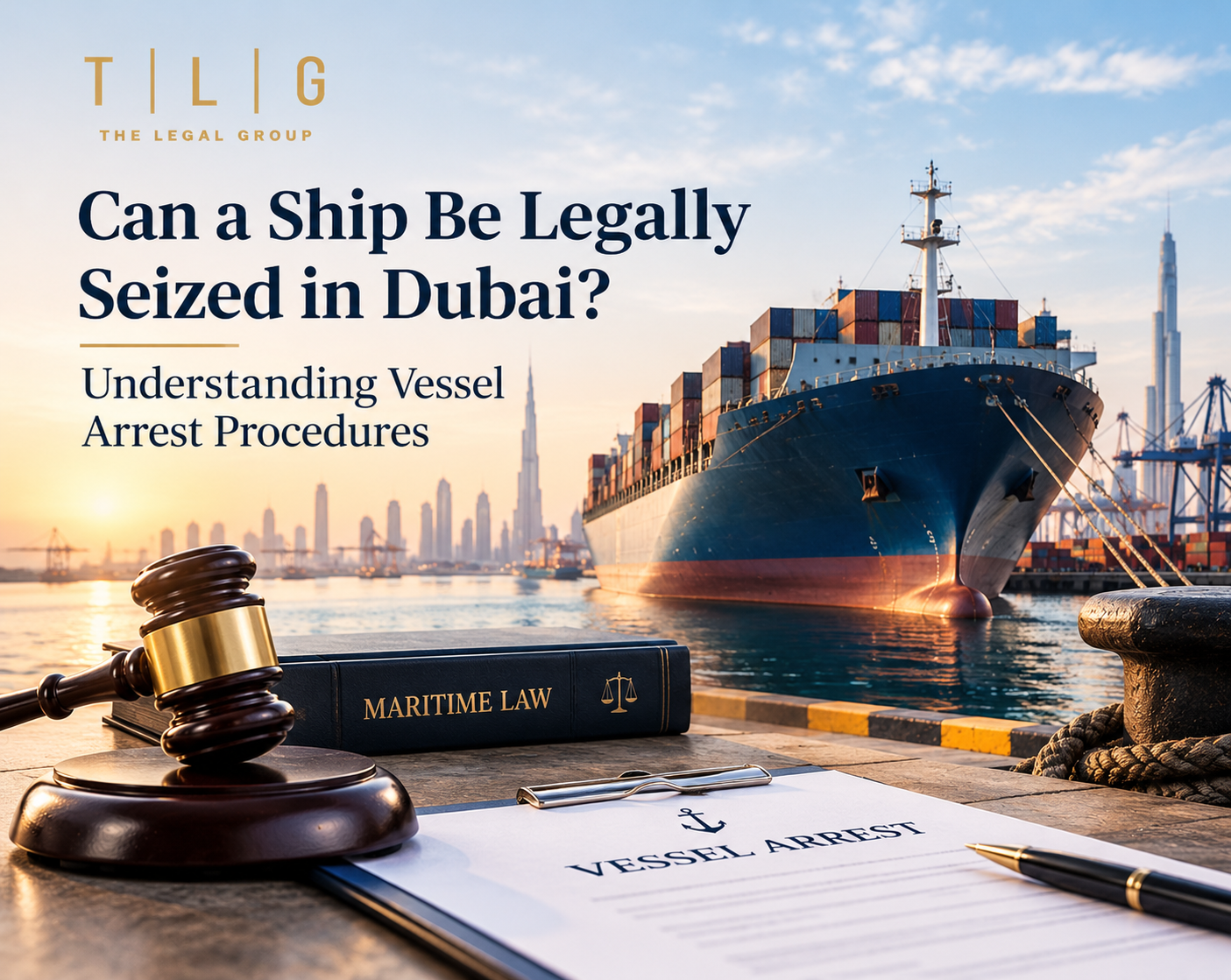 Cargo ship at a Dubai port representing vessel arrest procedures and maritime law in the UAE.
