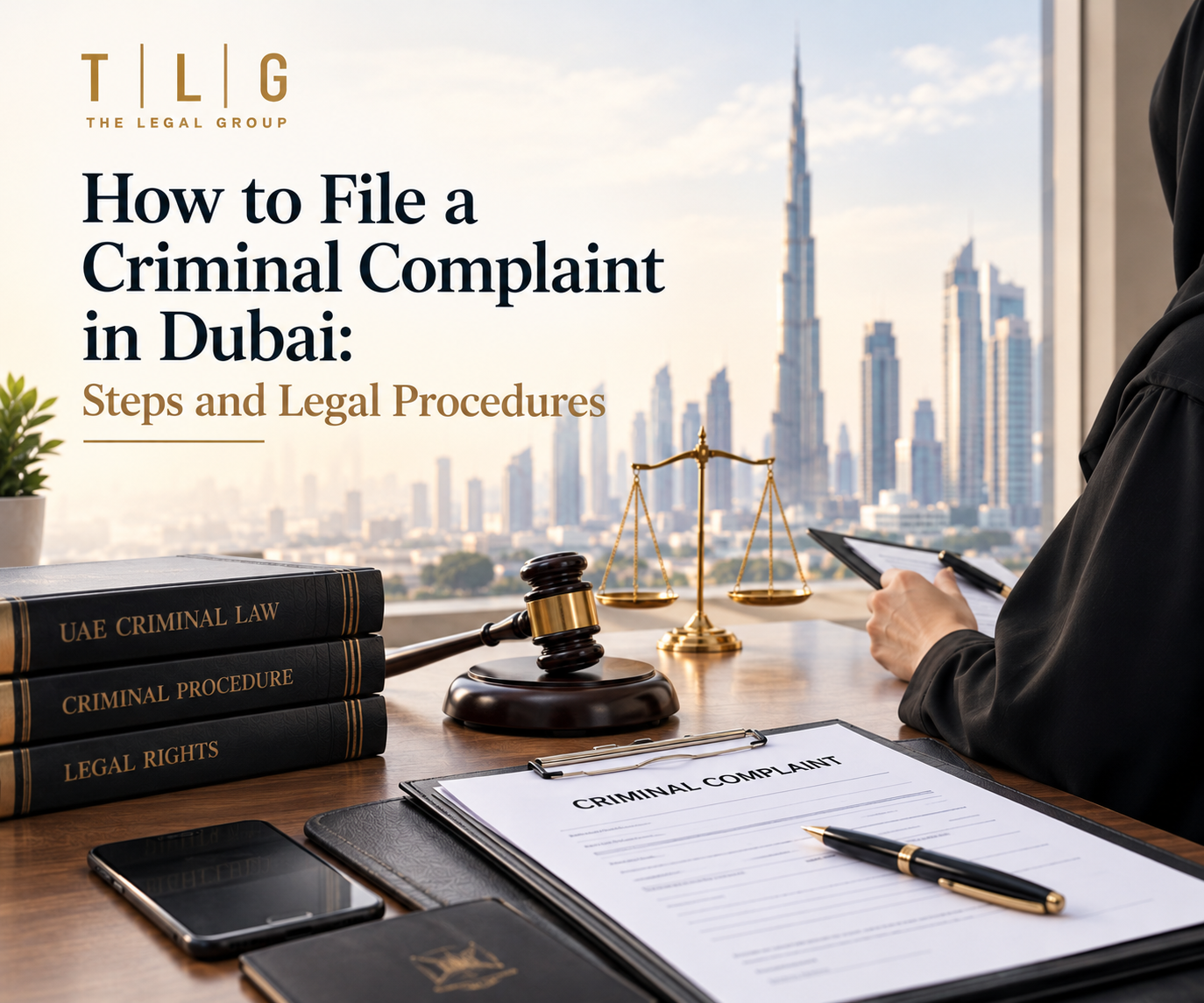 TLG legal banner about filing a criminal complaint in Dubai, featuring legal documents, a gavel, justice scales and the Dubai skyline.